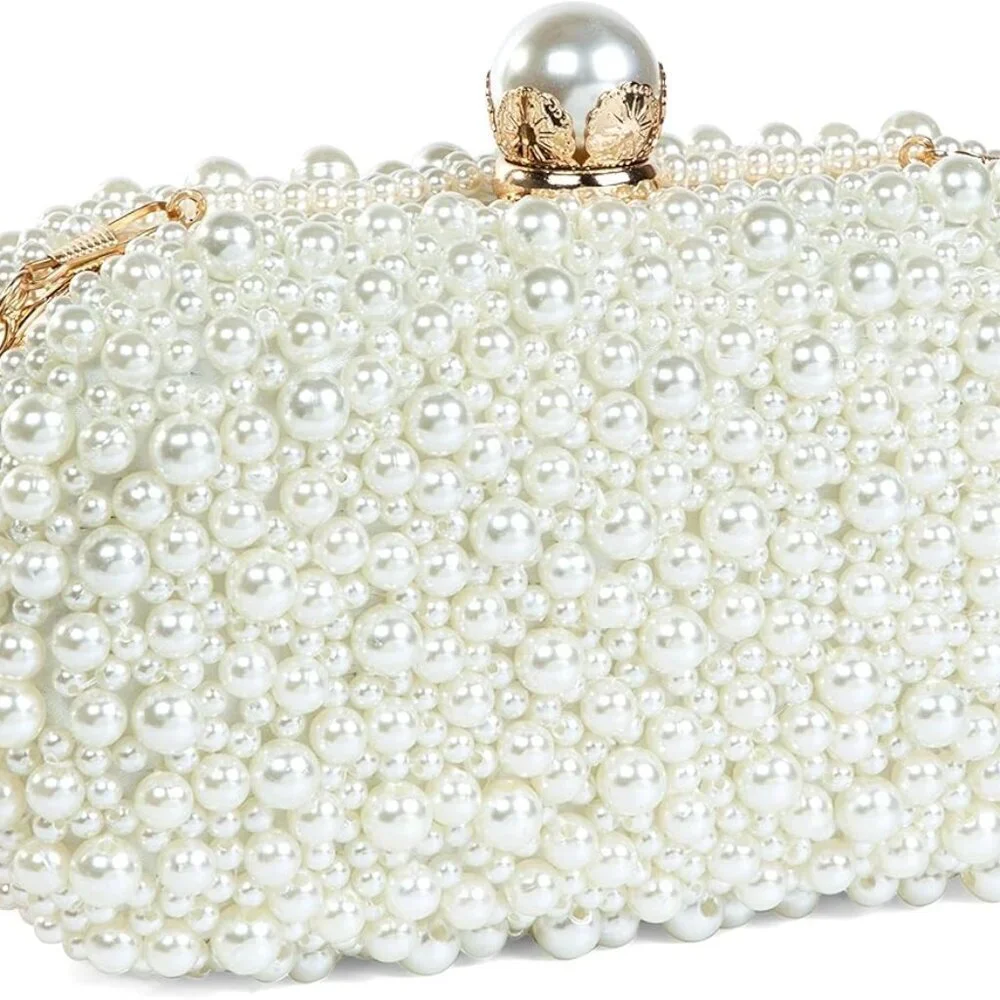 Women's Pearl Beaded Evening Clutch Bag Compact Bridal Prom Party Purse
